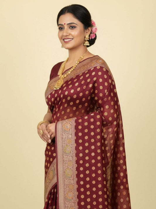 Deep Maroon Pure Chiffon Gold Zari Banarasi Handwoven Saree