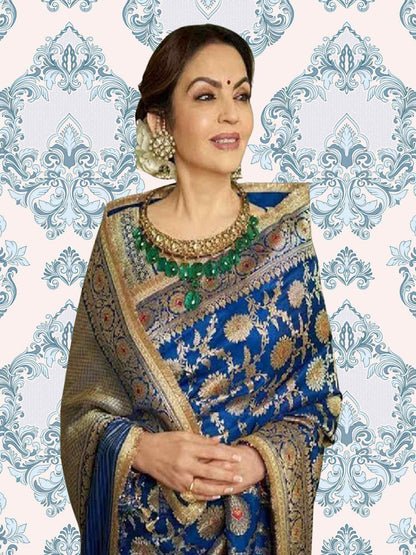 Nita Ambani in Admiral Blue Katan Silk Handwoven Banarasi Saree with Meenakari Design - Close-up