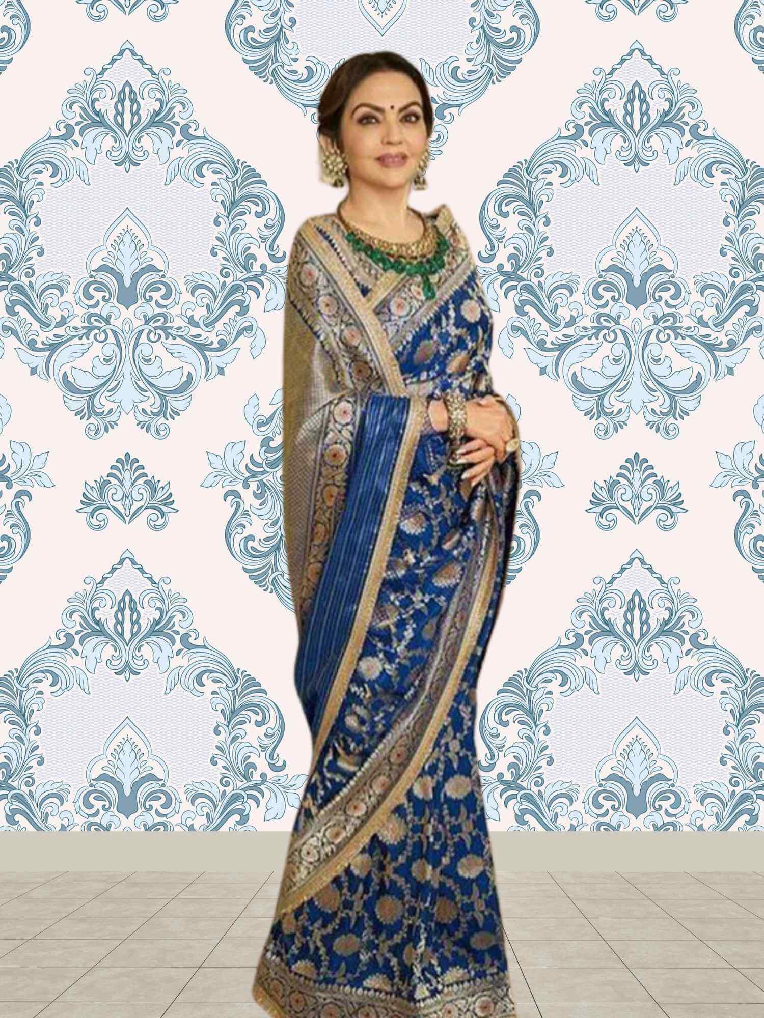 Nita Ambani in Admiral Blue Katan Silk Handwoven Banarasi Saree with Meenakari Design - Full View