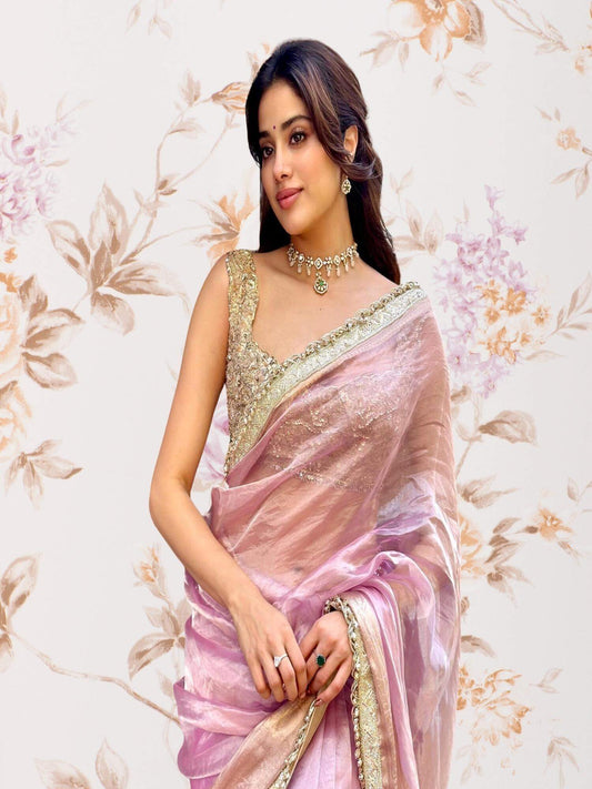 Janhvi Kapoor in Pinkish Purple Handwoven Banarasi Tissue Silk Saree 