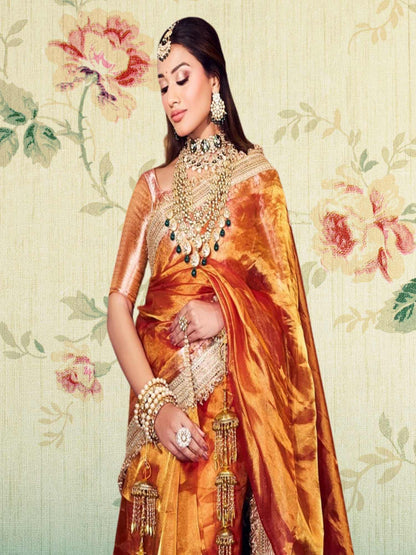 Luxury Bold Yellow Handwoven Banarasi Tissue Silk Saree 
