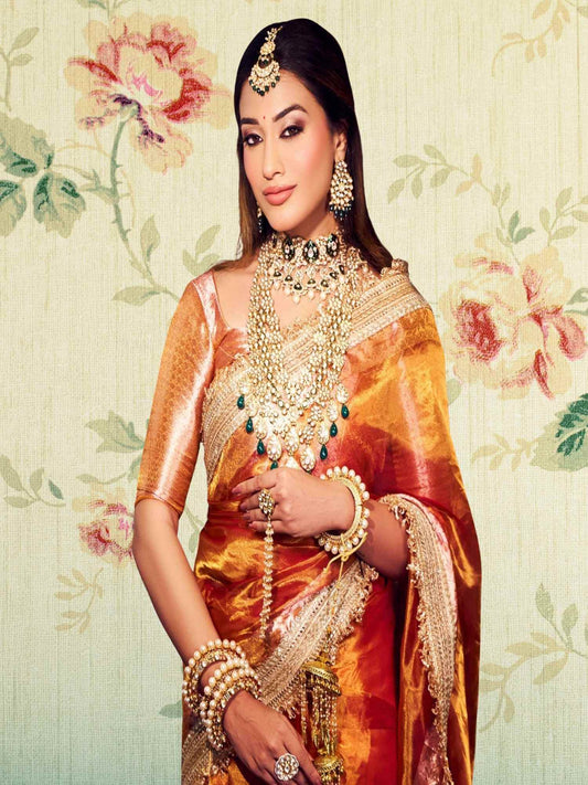 Luxury Bold Yellow Handwoven Banarasi Tissue Silk Saree - Close-up