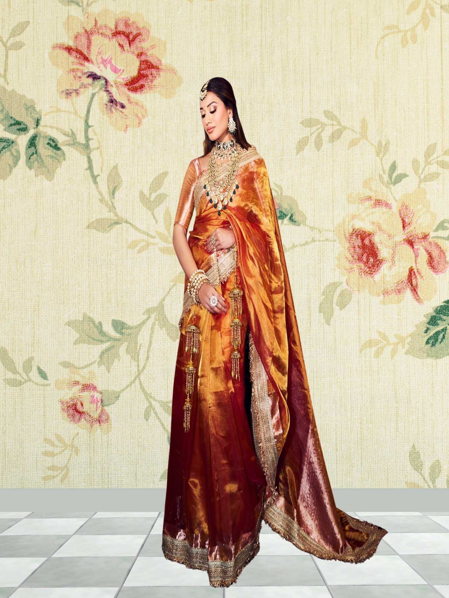 Luxury Bold Yellow Handwoven Banarasi Tissue Silk Saree - Full View