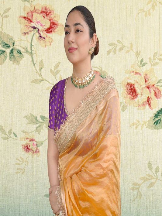 Disha Parmar in Luxury Golden Handwoven Banarasi Tissue Silk Saree - Close-up