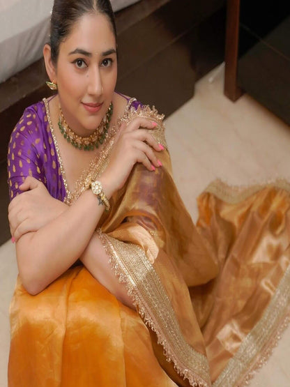 Disha Parmar in Luxury Golden Handwoven Banarasi Tissue Silk Saree 