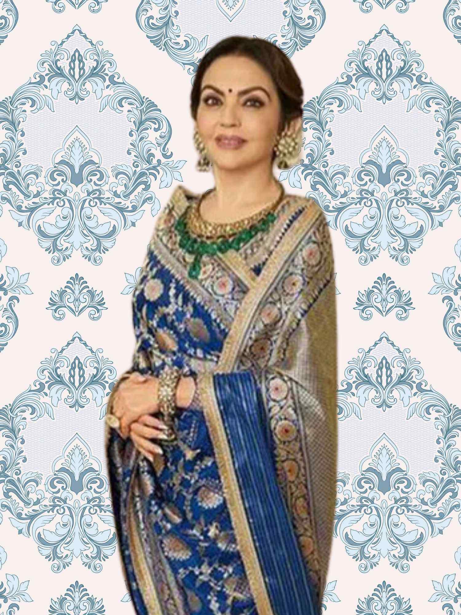 Nita Ambani in Admiral Blue Katan Silk Handwoven Banarasi Saree with Meenakari Design - Side View