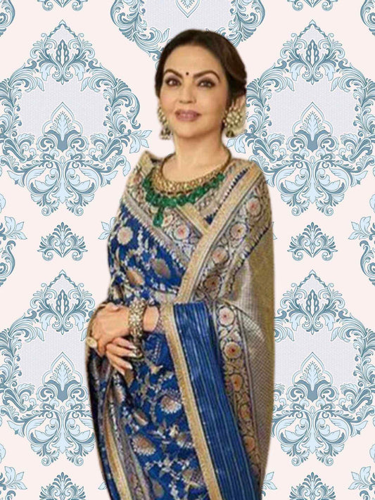 Nita Ambani in Admiral Blue Katan Silk Handwoven Banarasi Saree with Meenakari Design - Side View