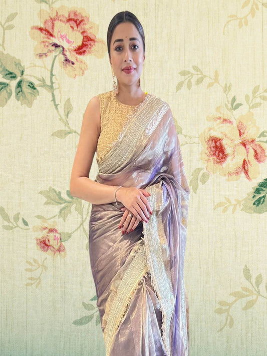 Tina Datta in Luxury Pastel Purple Handwoven Banarasi Tissue Silk Saree - Close-up