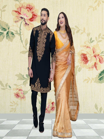 Gauahar Khan in Luxury Tuscany Yellow Handwoven Banarasi Tissue Silk Saree - Full View