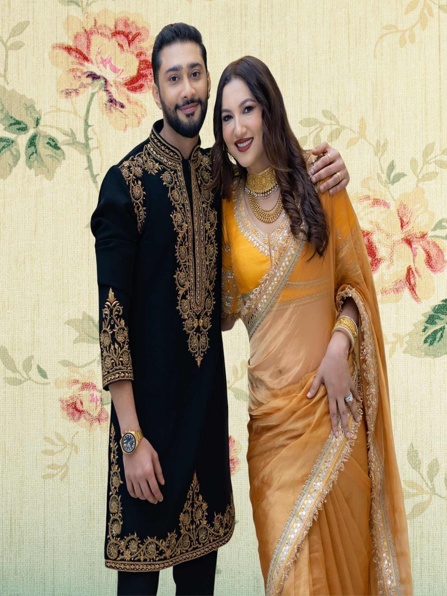Gauahar Khan in Luxury Tuscany Yellow Handwoven Banarasi Tissue Silk Saree 