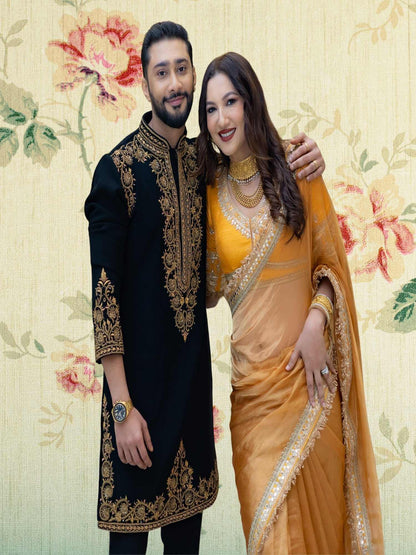 Gauahar Khan in Luxury Tuscany Yellow Handwoven Banarasi Tissue Silk Saree 