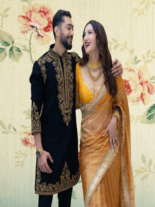 Gauahar Khan in Luxury Tuscany Yellow Handwoven Banarasi Tissue Silk Saree - Close-up