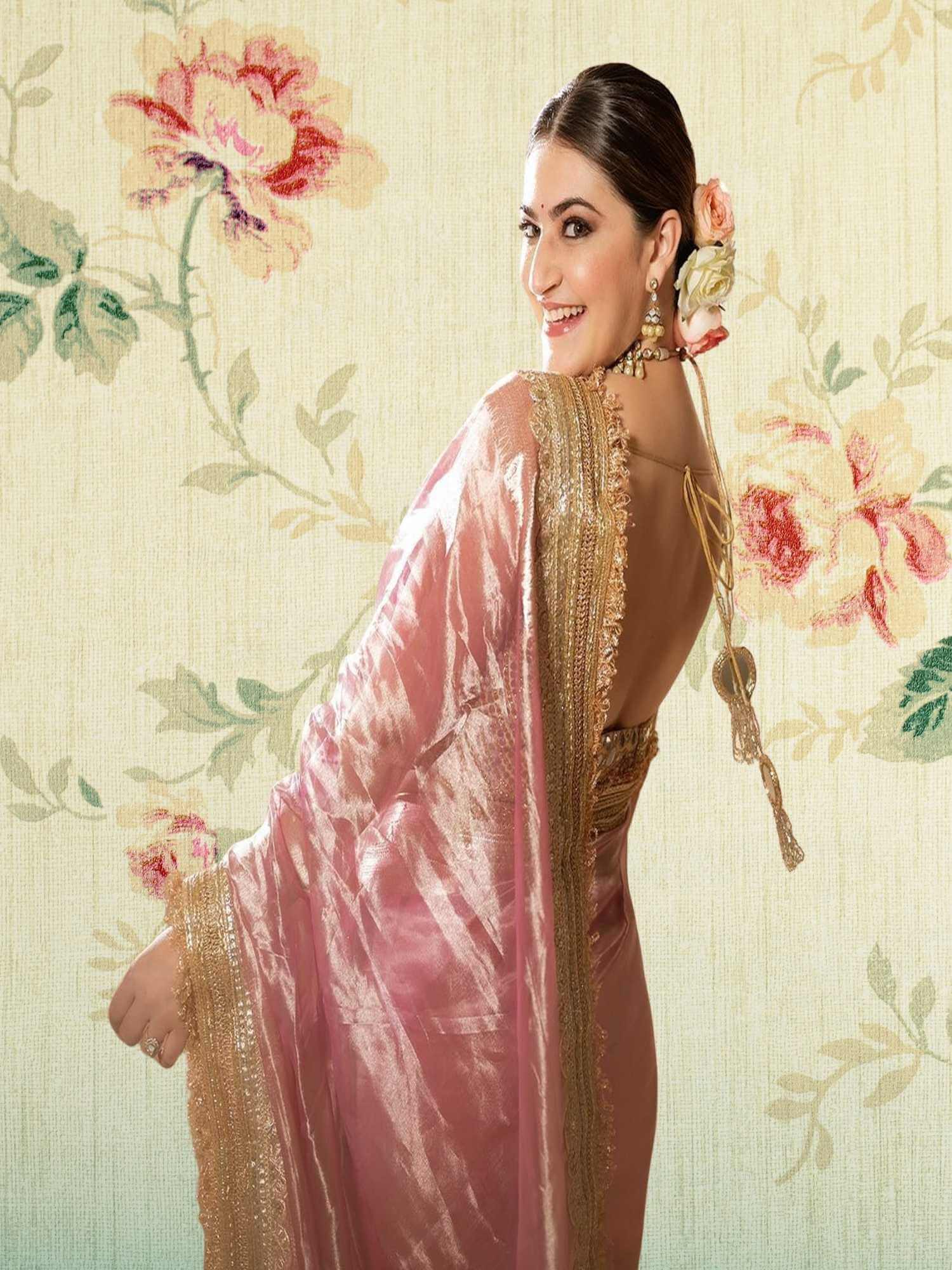Shivaleeka Obero in Luxury Candy Floss Handwoven Banarasi Tissue Silk Saree - Side View