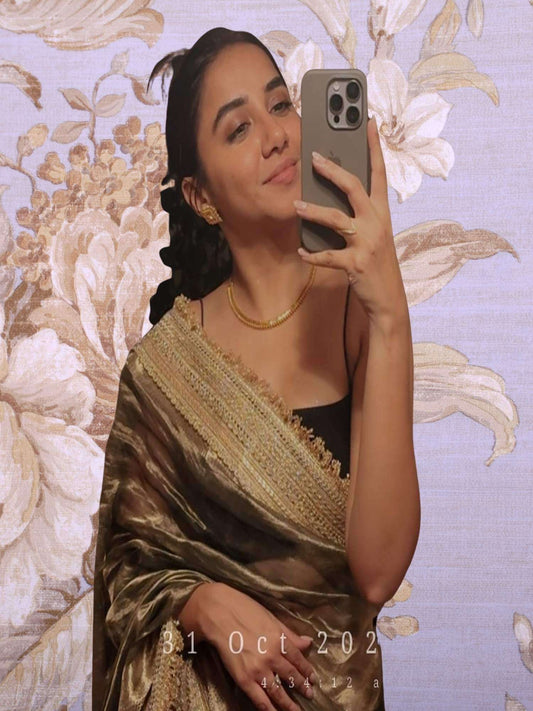 Prajakta Koli in Luxury Olive Green Handwoven Banarasi Tissue Silk Saree - Close-up