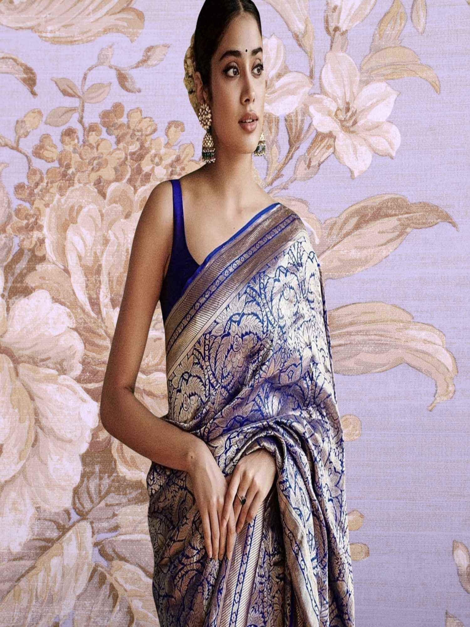 Janhvi Kapoor in Azure Blue Katan Silk Tanchui Brocade Handwoven Banarasi Saree with Water Zari Work - Close-up