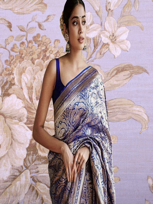 Janhvi Kapoor in Azure Blue Katan Silk Tanchui Brocade Handwoven Banarasi Saree with Water Zari Work - Close-up