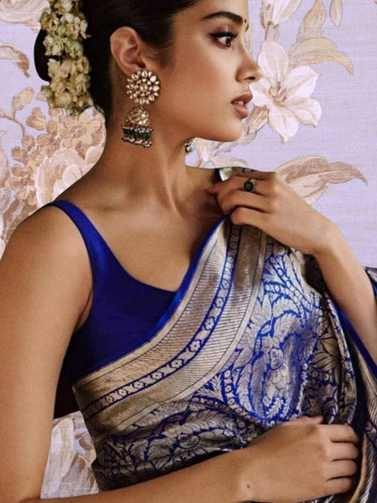 Janhvi Kapoor in Azure Blue Katan Silk Tanchui Brocade Handwoven Banarasi Saree with Water Zari Work - Side View