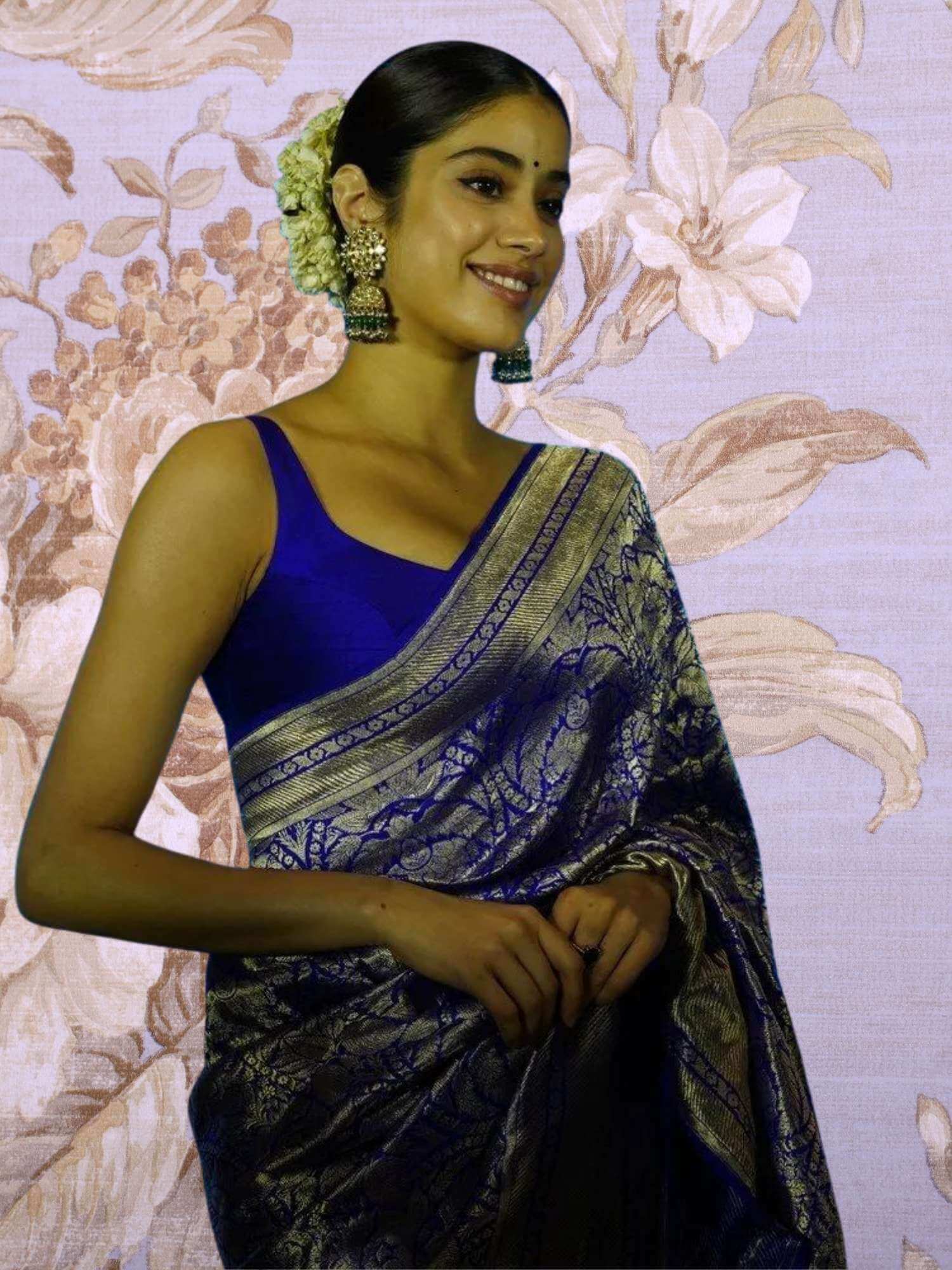 Janhvi Kapoor in Azure Blue Katan Silk Tanchui Brocade Handwoven Banarasi Saree with Water Zari Work 