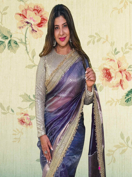 Sambhavna Seth in Luxury Royal Blue Handwoven Banarasi Tissue Silk Saree - Close-up