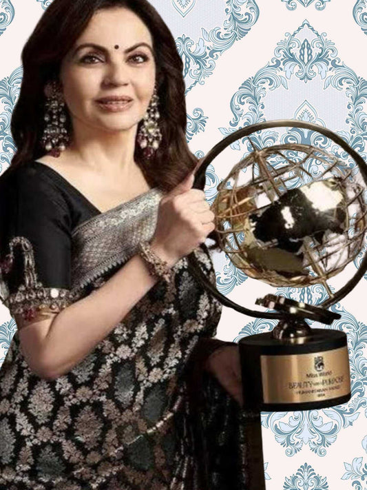 Nita Ambani in Charcoal Black Katan Silk Handwoven Banarasi Saree with Sona Roopa Work - Close-up