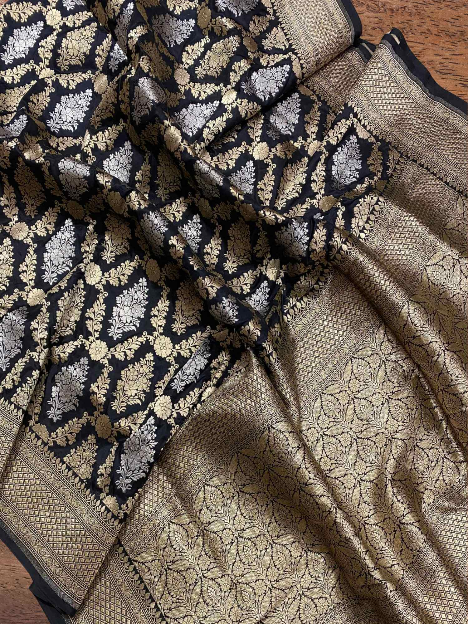 Charcoal Black Katan Silk Handwoven Banarasi Saree with Sona Roopa Work - Zari Work Close-up
