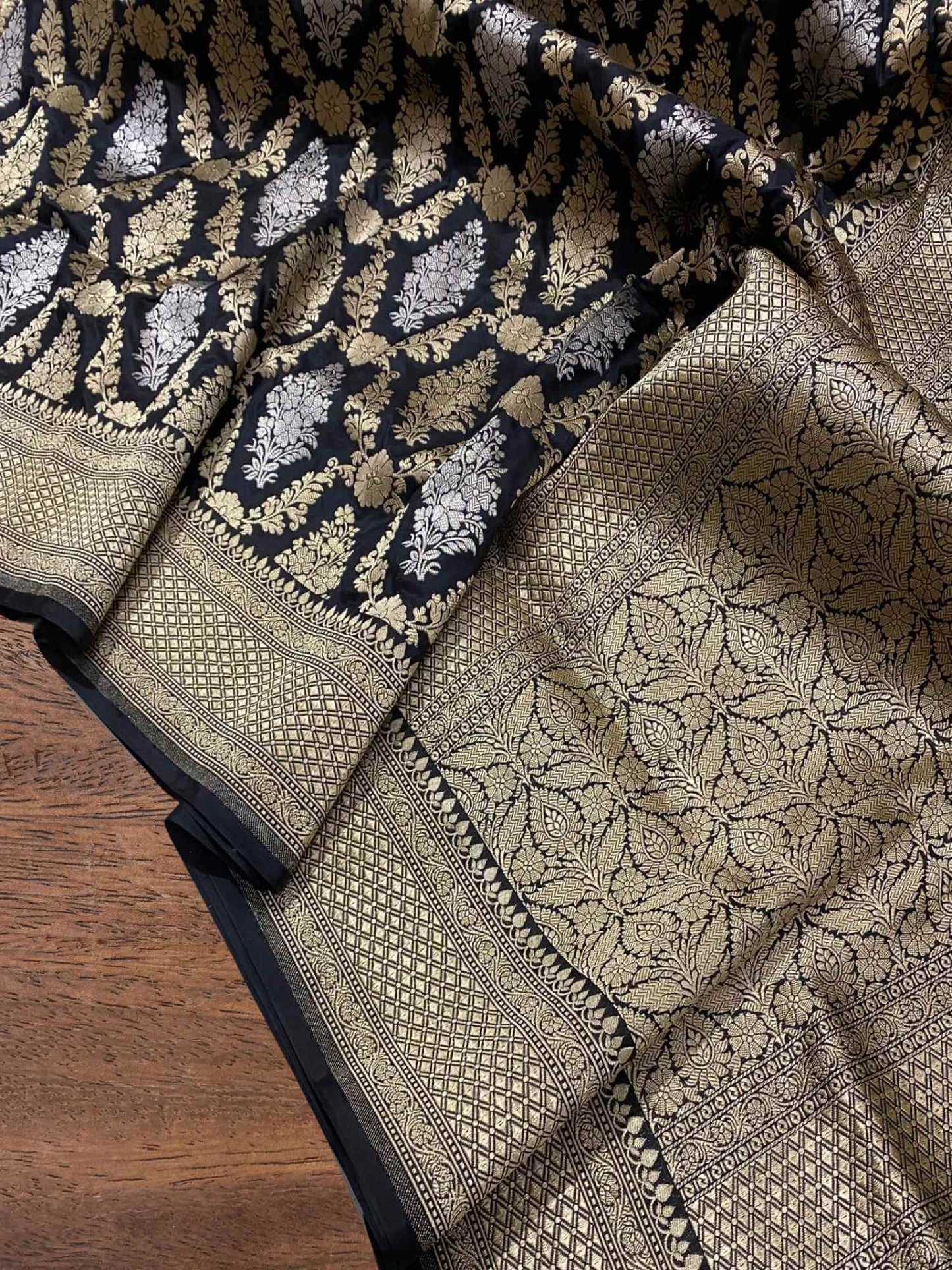 Charcoal Black Katan Silk Sona Roopa Banarasi Handloom Saree Inspired by Nita Ambani