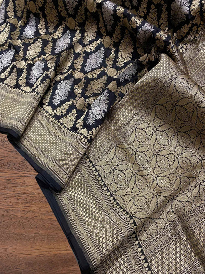 Charcoal Black Katan Silk Sona Roopa Banarasi Handloom Saree Inspired by Nita Ambani