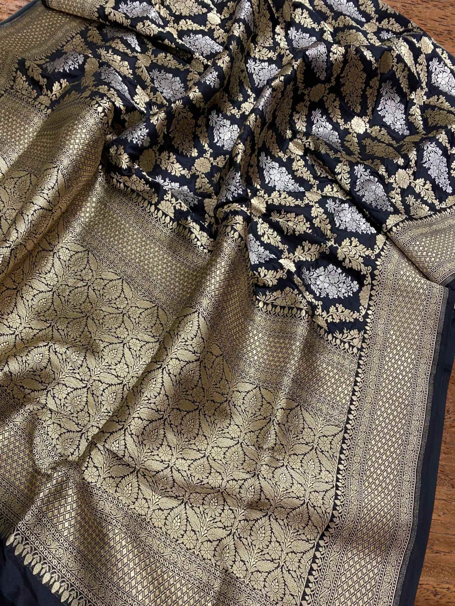 Charcoal Black Katan Silk Handwoven Banarasi Saree with Sona Roopa Work 