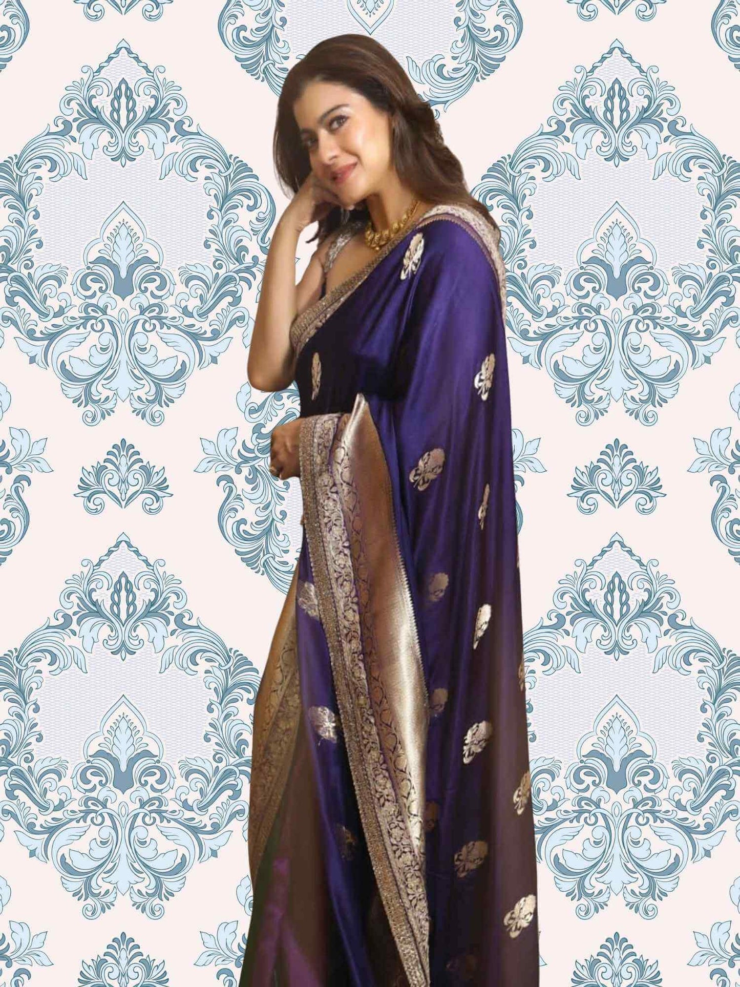 Kajol in Indigo Blue Mashruf Silk Kadhua Weaving Handwoven Banarasi Saree - Close-up