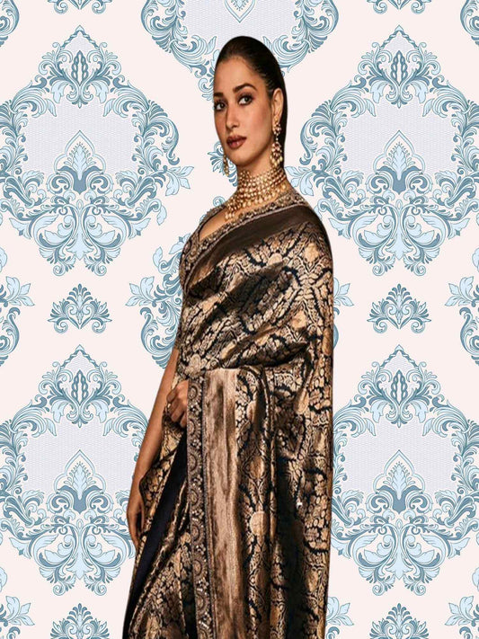 Tamannaah Bhatia in Black Katan Uppada Silk Handwoven Banarasi Saree with Meenakari Design - Side View 