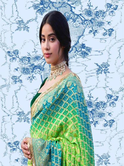 Green Khaddi Georgette Water Zari Bandhani Banarasi Handloom Saree Inspired by Janhvi Kapoor