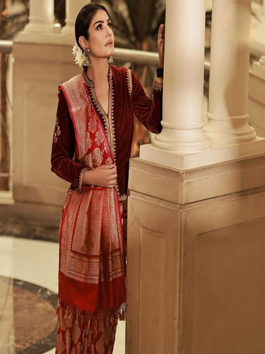 Maroon Katan Silk Water Zari Banarasi Handloom Saree Inspired by Raveena Tandon