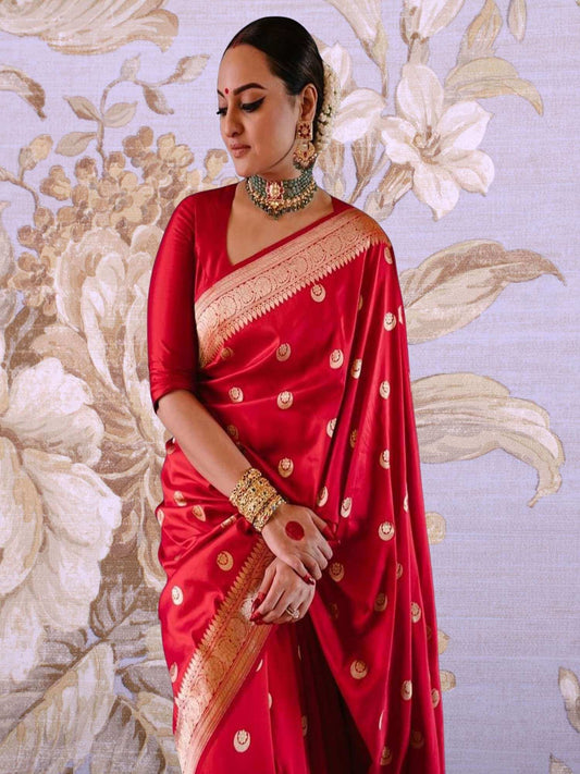 Sonakshi Sinha in Chilli Red Katan Silk Chand Tara Handwoven Banarasi Saree with Sona Roopa Work- Close-up