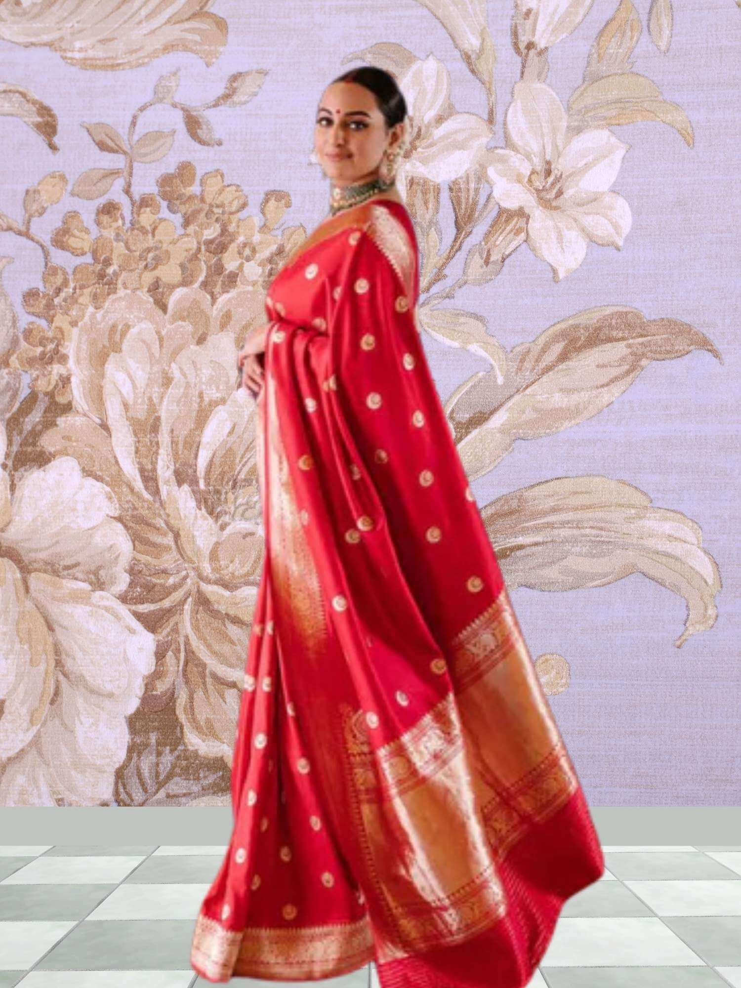 Sonakshi Sinha in Chilli Red Katan Silk Chand Tara Handwoven Banarasi Saree with Sona Roopa Work - Side View 