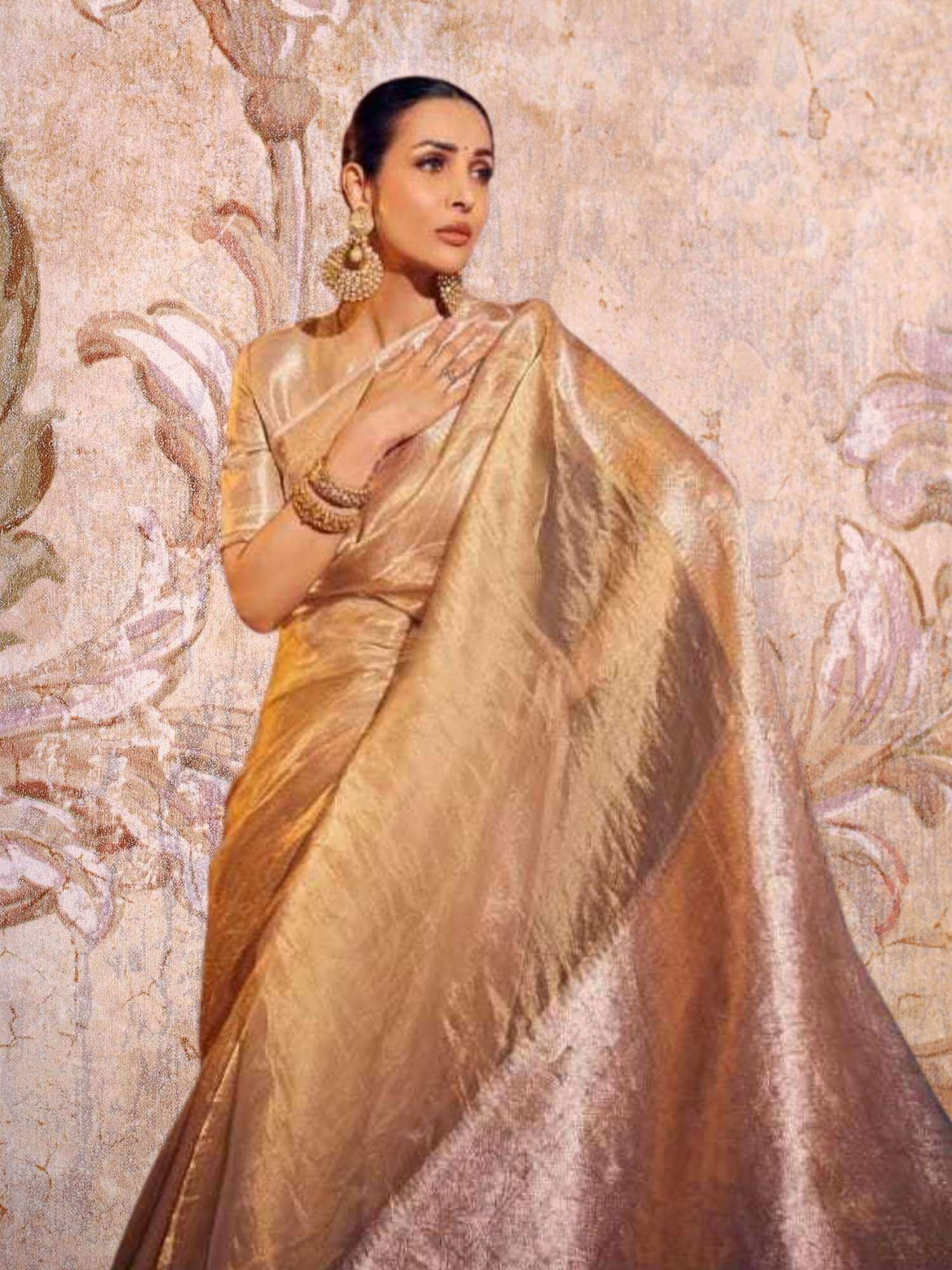 Malaika Arora in Luxury Light Gold Handwoven Banarasi Tissue Silk Saree 