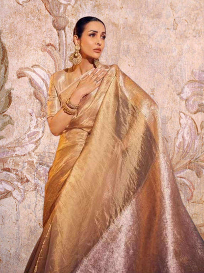 Malaika Arora in Luxury Light Gold Handwoven Banarasi Tissue Silk Saree 