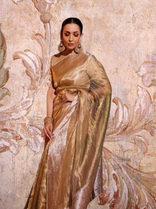 Malaika Arora in Luxury Light Gold Handwoven Banarasi Tissue Silk Saree - Side View