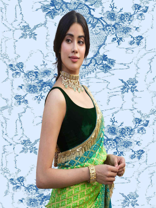 Green Khaddi Georgette Water Zari Bandhani Banarasi Handloom Saree Inspired by Janhvi Kapoor