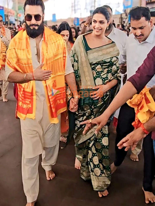 Deepika Padukone in Castleton Green Katan Silk Handwoven Banarasi Saree with Water Zari Work 