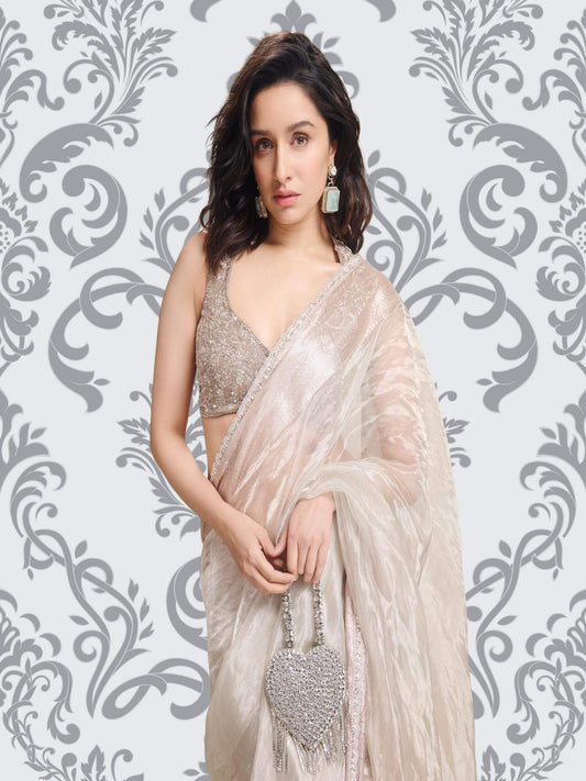 Shraddha Kapoor in Luxury Silver Handwoven Banarasi Tissue Silk Saree - Close-up