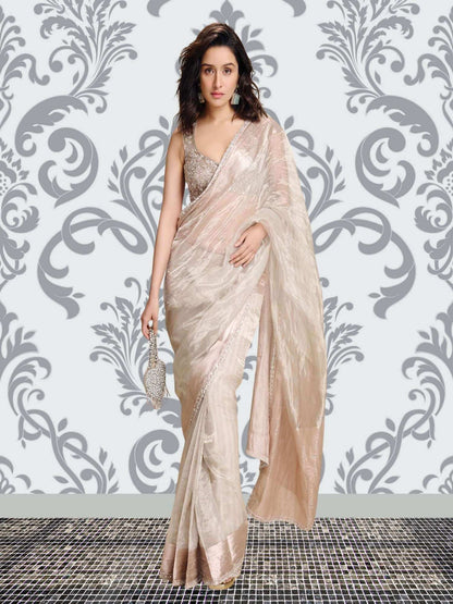 Shraddha Kapoor in Luxury Silver Handwoven Banarasi Tissue Silk Saree - Full View