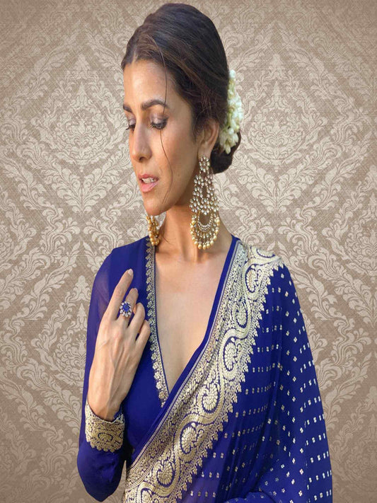 Nimrat Kaur in Blue Khaddi Georgette Handwoven Banarasi Saree with Antique Zari Work- Close-up