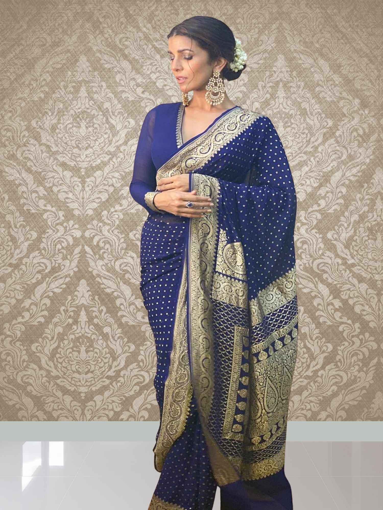 Nimrat Kaur in Blue Khaddi Georgette Handwoven Banarasi Saree with Antique Zari Work - Full View