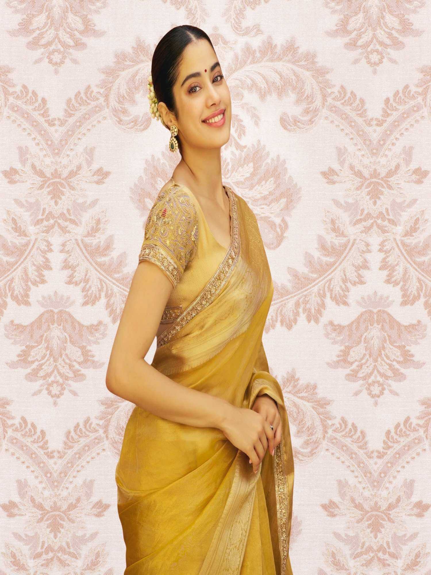 Janhvi Kapoor in Luxury Golden Yellow Handwoven Banarasi Tissue Silk Saree - Right-side View