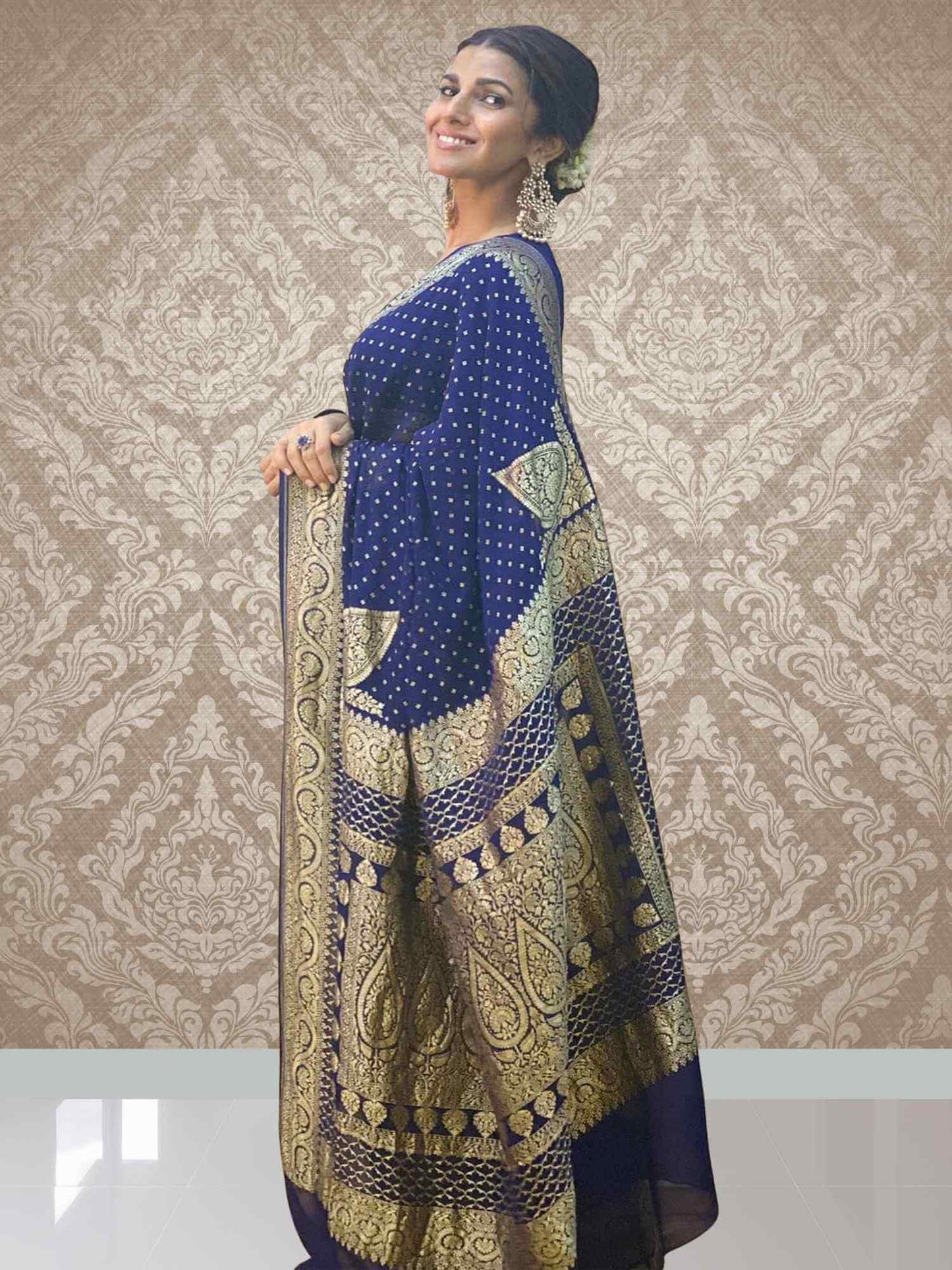 Nimrat Kaur in Blue Khaddi Georgette Handwoven Banarasi Saree with Antique Zari Work - Side View 