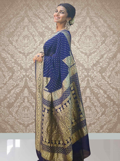 Nimrat Kaur in Blue Khaddi Georgette Handwoven Banarasi Saree with Antique Zari Work - Side View 