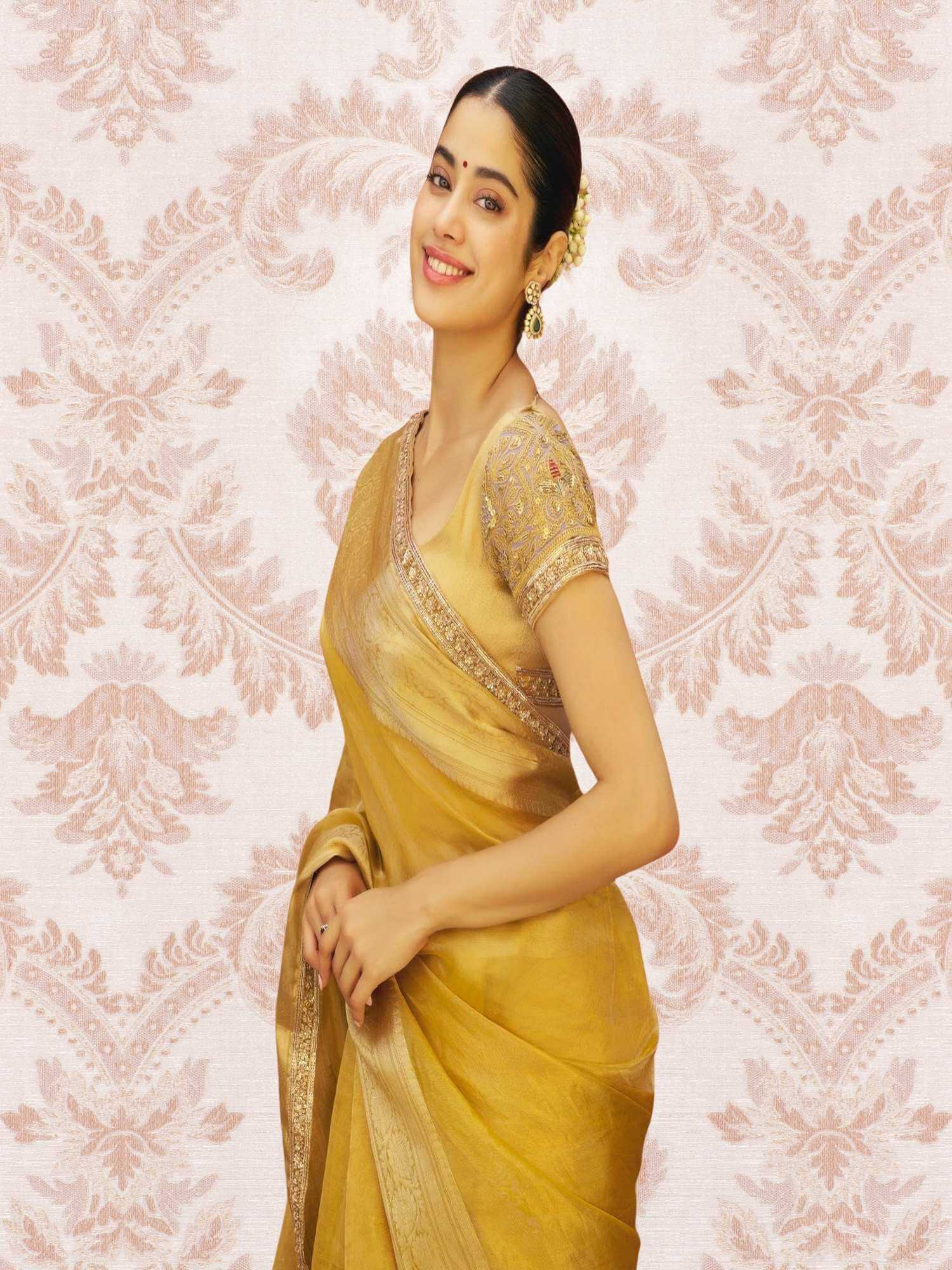 Janhvi Kapoor in Luxury Golden Yellow Handwoven Banarasi Tissue Silk Saree - Left-side View