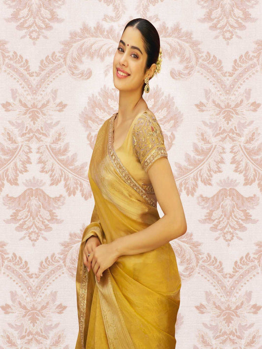 Janhvi Kapoor in Luxury Golden Yellow Handwoven Banarasi Tissue Silk Saree - Left-side View