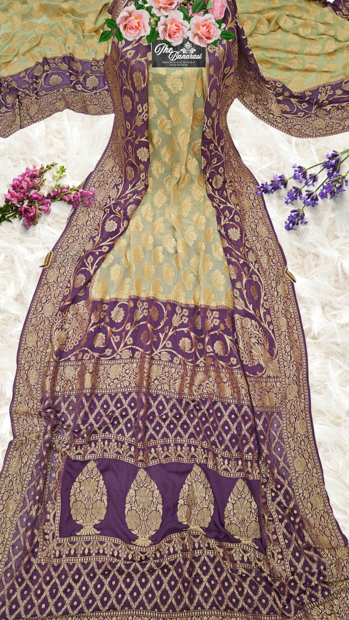Lightweight Purple & Cream Color Handloom Chiffon Banarasi Saree with Gold Zari Work - Full View