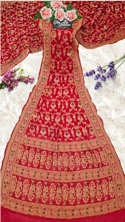 Lightweight Ruby Red Handloom Chiffon Meenakari Banarasi Saree - Full View